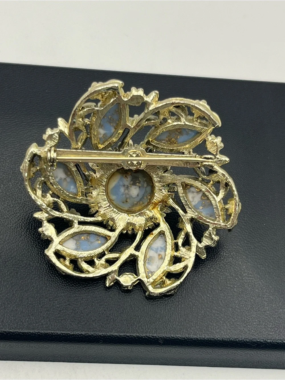 Blue faux stone cabochon painted enamel flower gold tone brooch pin vintage